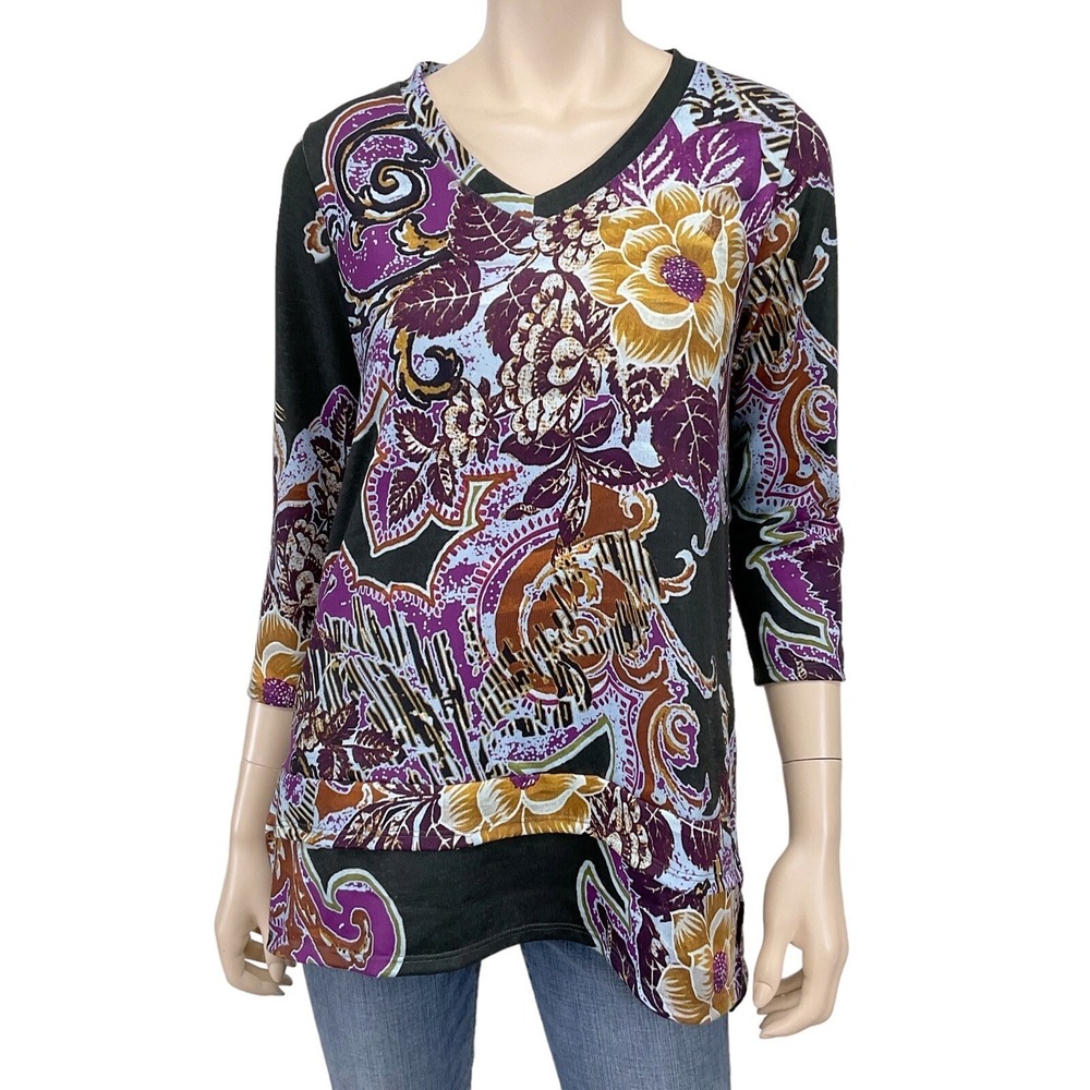 Soft Surroundings Top Women Small Tunic Black Purple Floral 3/4 Sleeve V Neck
